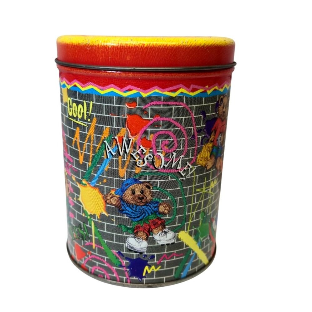 Vintage Tin 1990s Colorful Teddy Bear Walkman hip hip paint splatter graffiti